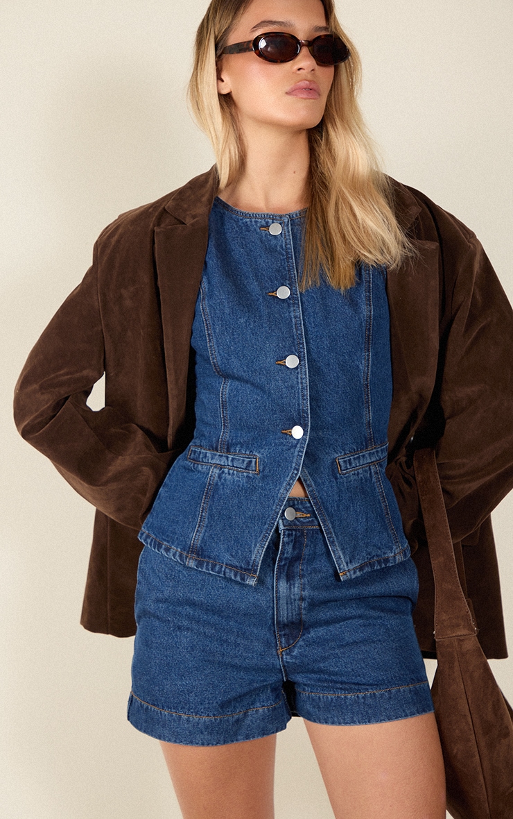 Dark Blue Round Neck Longline Denim Waistcoat