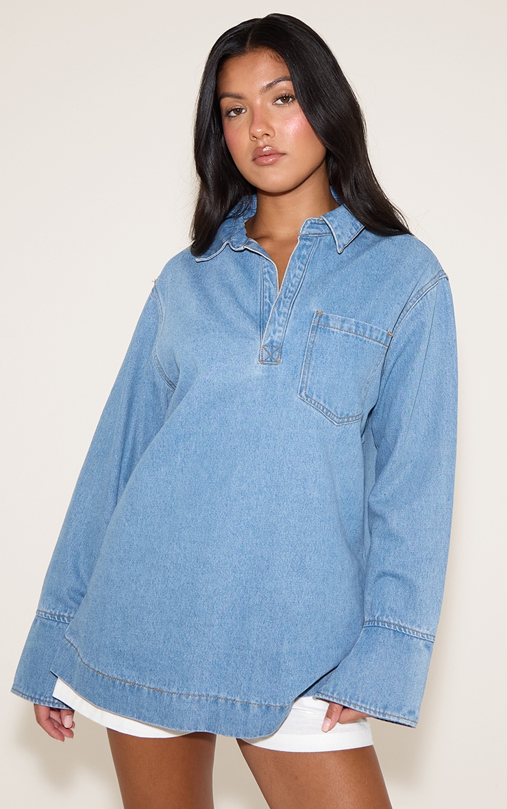 Mid Blue Oversized Denim Rugby Style Shirt