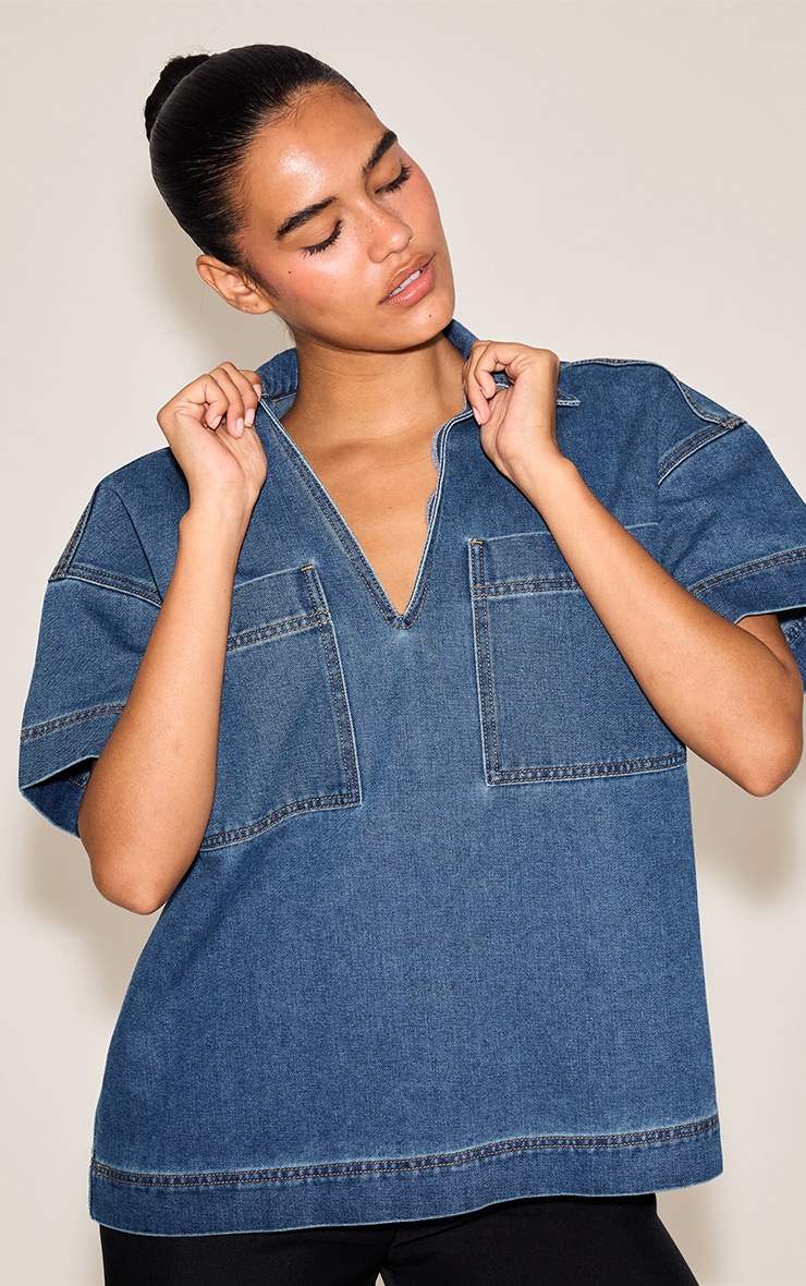 Dark Blue Boxy Pocket Information Short Sleeve Jeans Rugby T-shirt