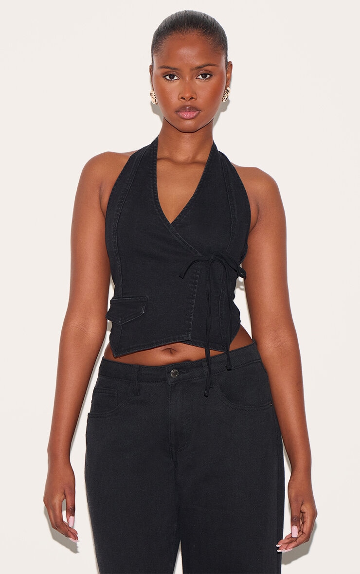 Washed Black Halter Neck Wrap Front Denim Waistcoat