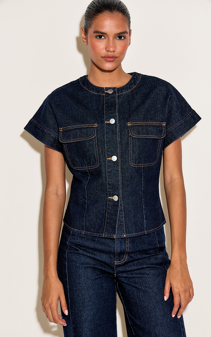 Indigo Round Neck Pocket Detail Cropped Denim Shirt